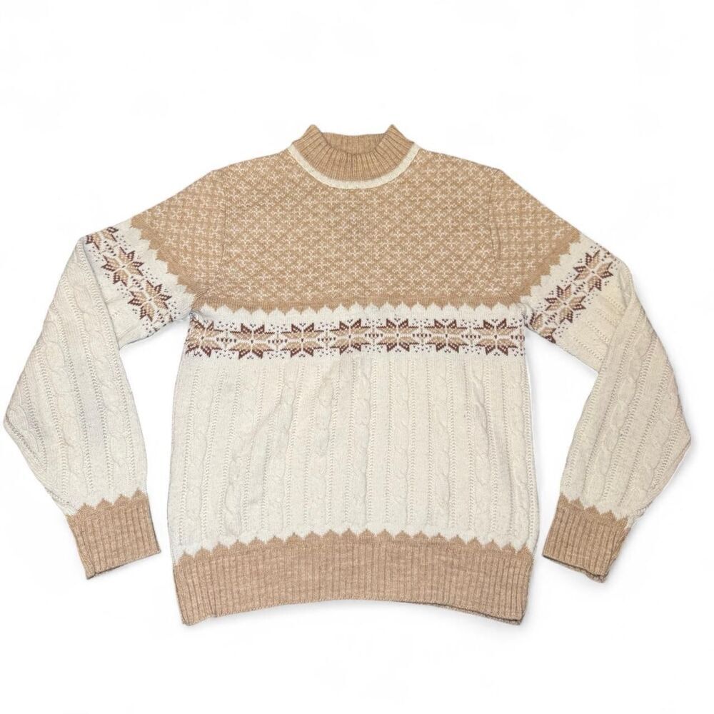 Vtg Jantzen Sweater Women’s Size M Tan Cream Fair Isle Cable Knit Made in USA